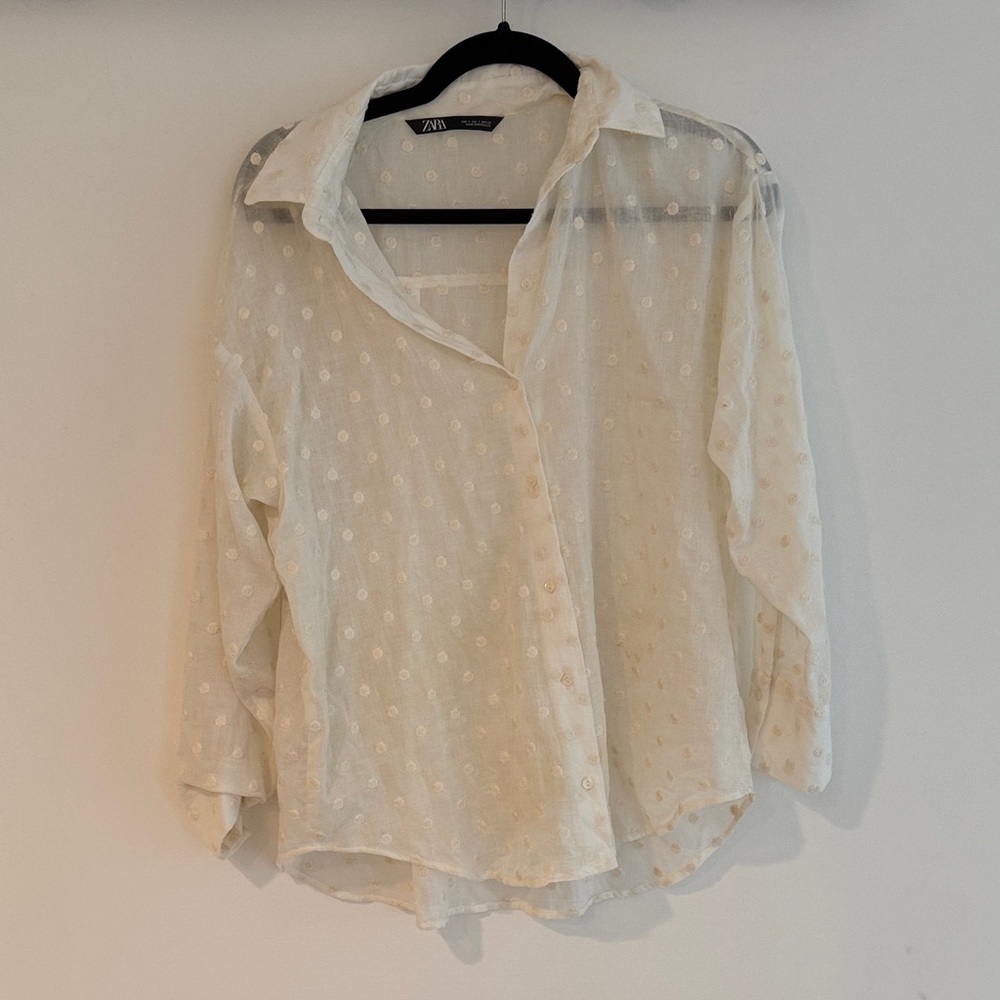 Zara Ivory Sheer Polka Dot Button Down Shirt